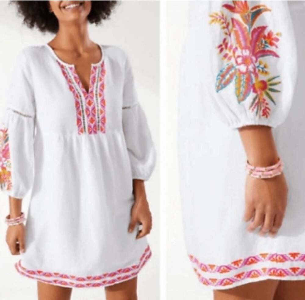 Tommy Bahama St LUCIA  Embroidered Linen  Cover UP Resort  Wear Blend V-Neck Dre